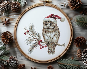 Cross Stitch Pattern With Santa Owl Christmas Embroidery Pattern Christmas Holiday Cross Stitch Winter Cross Stitch Digital Downloads