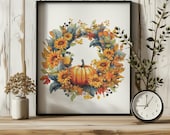 Fall Cross Stitch Pattern With Flowers, Pumpkin, Counted, Autumn Embroidery Pattern, Fall Floral Wreath Cross Stitch Chart, Do It Yourself