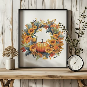 Kruissteekpatroon met herfstbloemen geteld Herfst borduurpatroon herfst bloemenkrans Kruissteekkaart moderne kruissteekkunst