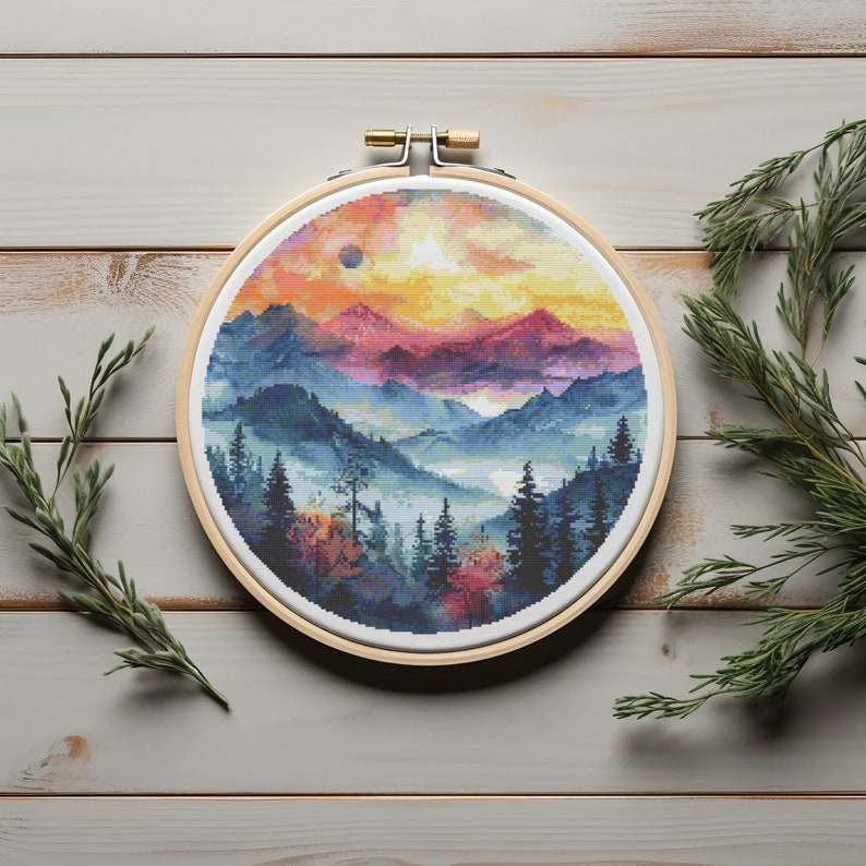 Counted Cross Stitch Pattern With Mountains, Forest Landscape Cross ...