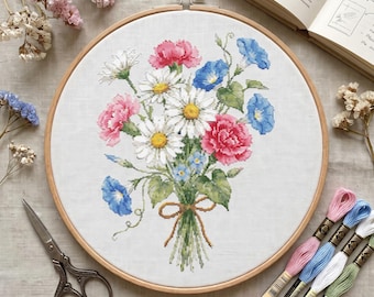 Cross Stitch Pattern With Daisies, Forget-me-Nots, Custom Birth Flower Bouquet Embroidery Pdf, Counted Cross Stitch Chart, Pattern Keeper