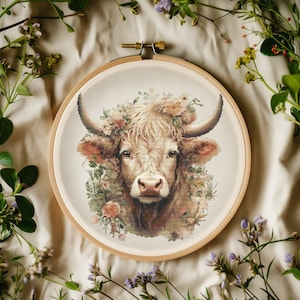 Cross Stitch Pattern With Highland Cow, Modern Cross Stitch Chart Pdf, Embroidery Designs, Floral Cow Cross Stitch Pattern PDF, Counted