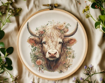 Cross Stitch Pattern With Highland Cow, Modern Cross Stitch Chart Pdf, Embroidery Designs, Floral Cow Cross Stitch Pattern PDF, Counted