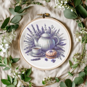 Cross Stitch Pattern With Lavender Tea, Modern Cross Stitch Designs, Embroidery Design, Floral Cross Stitch PDF, Counted Cross Stitch Chart
