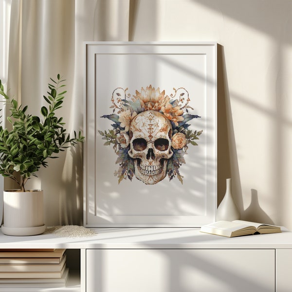 Cross Stitch Pattern With Skull, Counted, Modern Cross Stitch Design, Floral Skull Embroidery Pattern, Watercolor Flowers Cross Stitch Chart