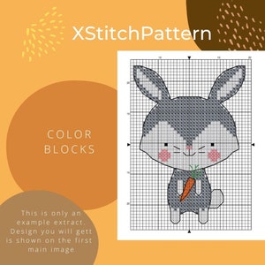 Puede incluir: Un patr&oacute;n de punto de cruz con un conejito de dibujos animados sosteniendo una zanahoria. El conejito es gris y blanco con mejillas rosadas, sobre un fondo de cuadr&iacute;cula. Incluye el texto "XStitchPattern" y "COLOR BLOCKS".