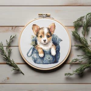 Kreuzstichmuster mit Welpen, Tierstickerei Design-Muster, Kindergarten Kreuzstich mit Hund, einfacher Kreuzstich, digitale Downloads