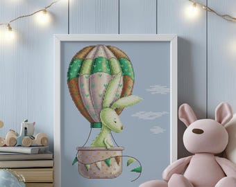 Baby Cross Stitch With Bunny, Nursery Embroidery PDF With Rabbit, Counted Cross Stitch Chart, Baby Boy Gift, Personalized Birth Announcement
