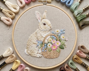 Hand Embroidery Pattern PDF With Rabbit, Flowers, Spring Embroidery Designs With Bunny, Do It Yourself Gifts, Easter Gift For Grandma