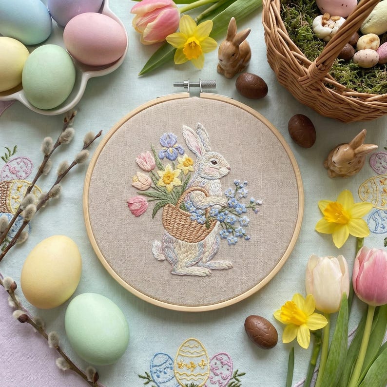 Spring Embroidery Pattern PDF With Bunny, Easter Hand Embroidery ...