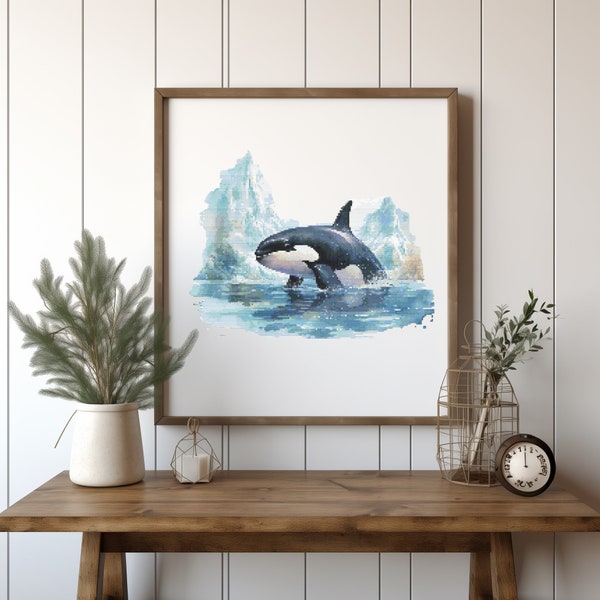 Cross Stitch Pattern With Orca Killer, Seascape Cross Stitch Designs, Killer Whale Cross Stitch Chart, Nature Embroidery Pattern, Counted