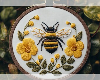 Embroidery Pattern With Bee, Flowers, Floral Embroidery Design, Hand Embroidery Template For Beginners, Cottagecore Decor, Bee Keeper Gifts
