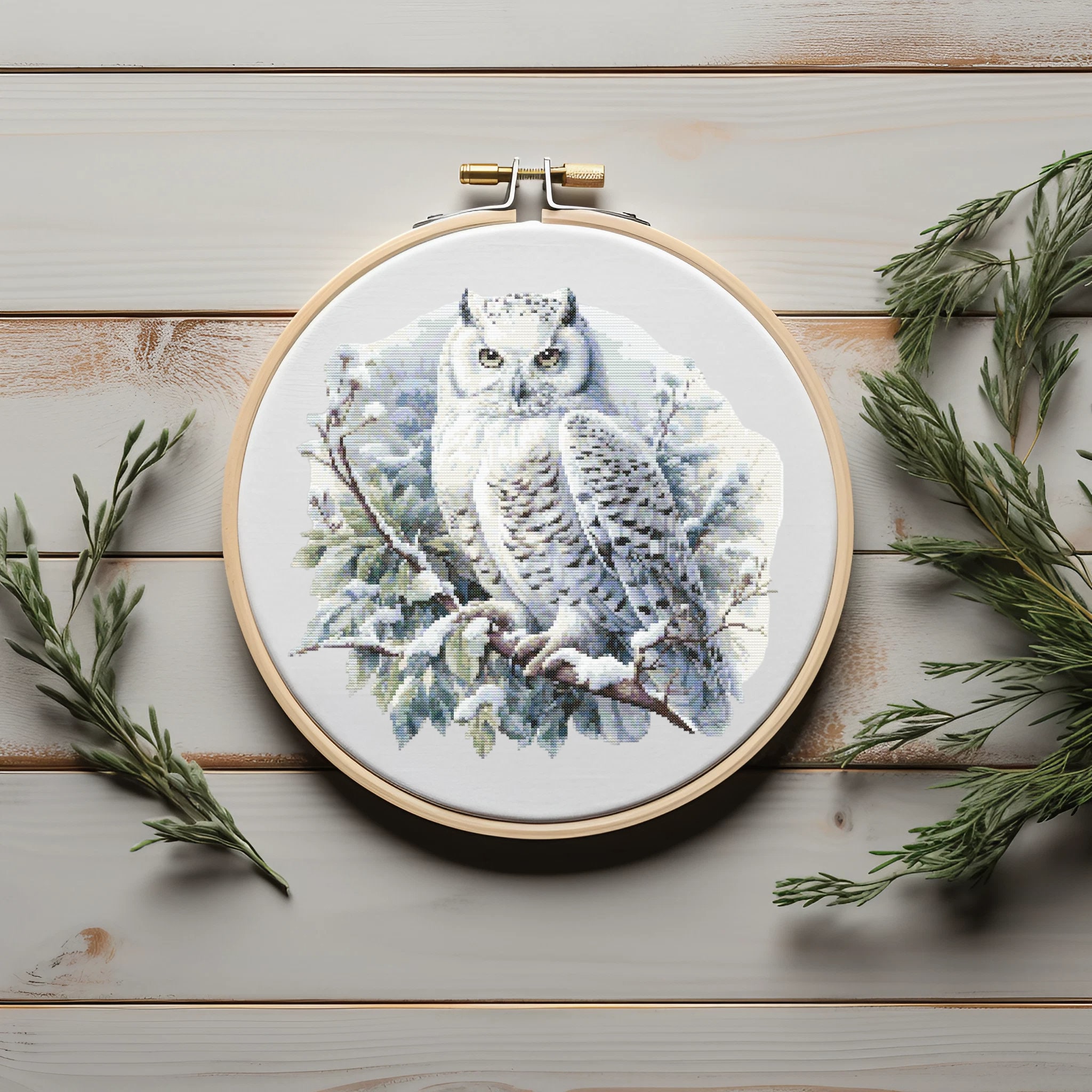 Winter Cross Stitch Pattern With White Owl, Landscape Cross Stitch Designs, Christmas Cross Stitch C