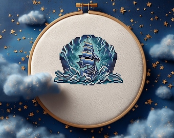 Eenvoudig kruissteekpatroon pdf met zeilboot, getelde kruissteek samplers, marine borduursjabloon, sagabestand, geschenken zeeliefhebber