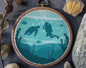 Marine Cross Stitch Pattern Pdf Modern Ocean Embroidery Designs Under The Sea Cross Stitch Pattern Turtle Cross Stitch Charts PDF Diver Gift