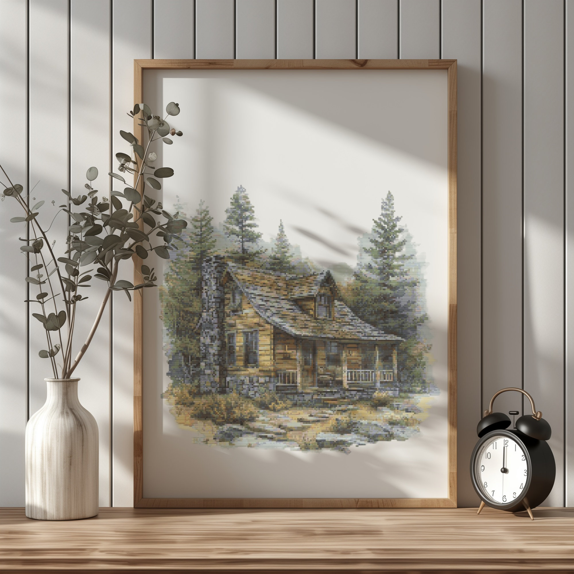 Nature Cross Stitch Pattern With Forest Cabin, Landscape Cross