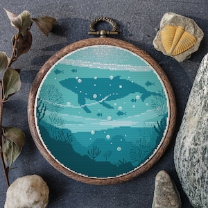 Motif de point de croix océan, compté, motif animalier de broderie avec baleine, grille de point de croix sous la mer, motifs de point de croix nature