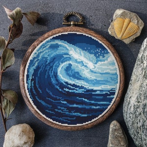 Blue Ocean Embroidery Pattern Modern Landscape Cross Stitch Pattern Nature Cross Stitch Pattern Sampler PDF Digital Download image 1