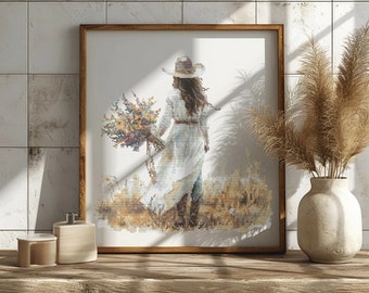 Bride Cross Stitch Pattern With Cowgirl, Watercolor Cross Stitch Art, Wedding Embroidery Design, Counted Cross Stitch Charts, Pattern Keeper