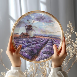 Cross Stitch Pattern With Windmill In Lavender Modern Cross Stitch Art Embroidery Design Landscape Cross Stitch PDF Count Cross Stitch Chart
