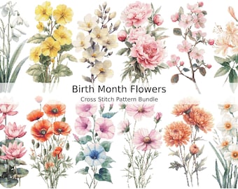 Paquete de patrones de punto de cruz en PDF, arte de punto de cruz con flores de los 12 meses de nacimiento, patrón de bordado floral, contado, regalos personalizados para el Día de la Madre