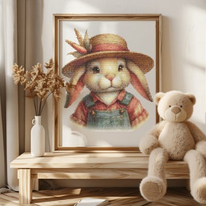 Cross Stitch Pattern With Cute Bunny, Nursery Cross Stitch Designs, Animal Cross Stitch Charts, Rabbit Embroidery Pattern For Kids, Counted