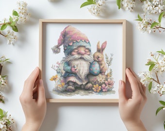 Cross Stitch Pattern With Easter Gnome And Bunny, Floral, Spring Cross Stitch Chart, Easter Embroidery Design, Counted Cross Stitch Pattern
