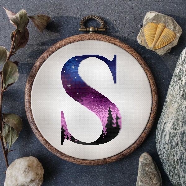 Letter S Cross Stitch Pattern Counted Forest Monogram S PDF Sampler Personalized Pattern Family Name Embroidery DigitalDownloads