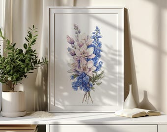 Kruissteekpatroon met blauwe ridderspoor, waterlelie, getelde kruissteekontwerpen, borduurpatroon, geboortebloem, kruissteekmonsters