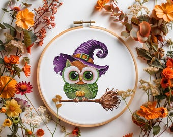 Patrón de punto de cruz con búho brujo, patrón de bordado de Halloween, arte de punto de cruz de Halloween, gráficos de punto de cruz de otoño, archivo Saga