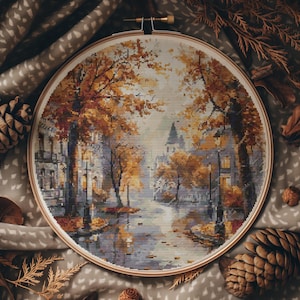 Motifs point de croix automne, Motifs aquarelles de point de croix, Broderie moderne PDF, Compté, Grilles de point de croix Villes d'automne, Pattern Keeper