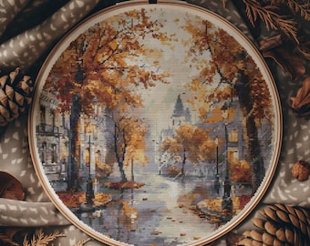 Fall Cross Stitch Pattern, Watercolor Cross Stitch Designs, Modern Embroidery Pdf, Counted, Autumn City Cross Stitch Charts, Pattern Keeper