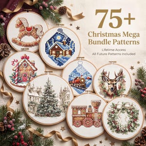 May include: A collection of eight circular embroidery hoops featuring cross-stitch designs of a rocking horse, a winter cabin, a gingerbread house, a Christmas tree, a train, a reindeer, a locomotive, and a wreath with the text 75+ Christmas Mega Bundle Patterns.