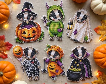 Halloweeen Cross Stitch Pattern Bundle With Witch Badgers, Easy Embroidery Designs, Counted, Plastic Canva Pattern, Saga File, DIY Gift
