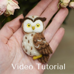 May include: A brown and white needle felted owl with yellow eyes. The owl is sitting on a hand with the text "Video Tutorial" below it.