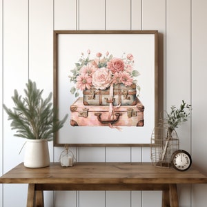 Kruissteekpatroon met oude koffer, geteld borduurpatroon, roze bloemen kruissteektabel, kruissteekontwerpen Moederdag