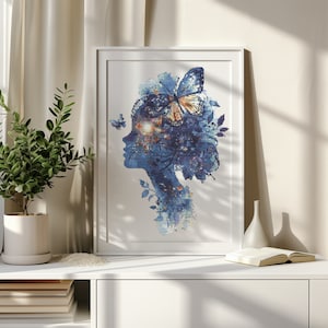 Bloemen kruissteekpatroon met vlinder, borduurpatroon blauwe bloemen, kruissteektabel, borduurkunst tellen, cadeau voor zus