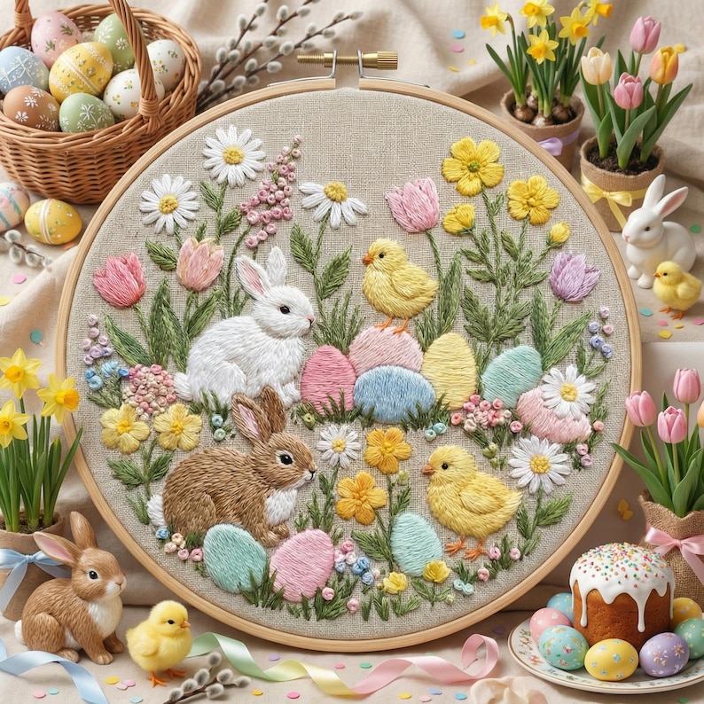 Easter Embroidery Pattern PDF With Bunny, Chicks, Eggs, Hand Embroidery ...