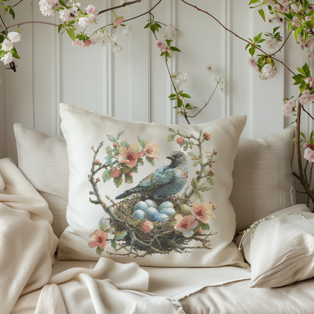 Spring Cross Stitch Pattern With Bird Floral Embroidery Design Easter ...