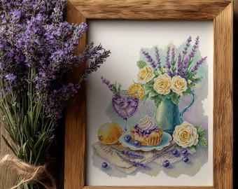 Geteld kruissteekpatroon met citroenen, lavendel borduursjabloon, stilleven kruissteek pdf, decor mediterrane keuken, sagebestand