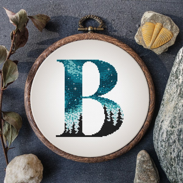Monogram B Cross Stitch Pattern Forest Family Name Embroidery Sampler Blue Alphabet Letter B Counted Cross Stitch Chart PDF