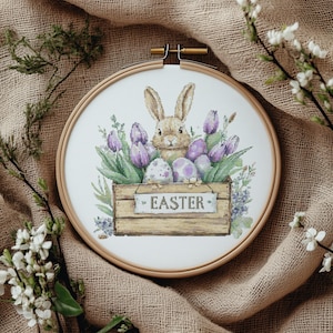 Cross Stitch Pattern With Easter Bunny, Modern Cross Stitch Designs, Easter Embroidery Pattern, Spring Cross Stitch Pattern, Floral Pattern