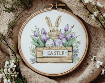 Cross Stitch Pattern With Easter Bunny, Modern Cross Stitch Designs, Easter Embroidery Pattern, Spring Cross Stitch Pattern, Pattern Keeper