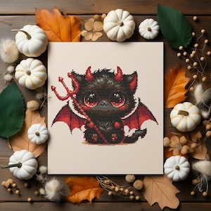 Geteld kruissteekpatroon met schattig duivelskatje Kinderen Halloween-borduurpatroon kinderkamer kruissteek pdf kruissteekkaart herfst