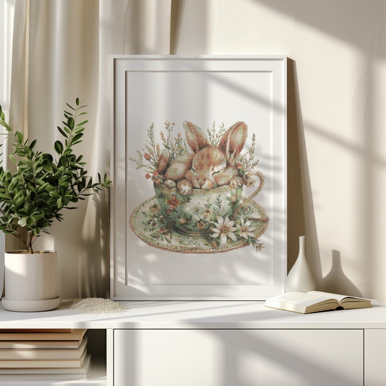 Cross Stitch Pattern With Cute Bunny, Modern Cross Stitch Designs, Embroidery Designs, Floral Cross Stitch PDF, Spring Cross Stitch Pattern image 2