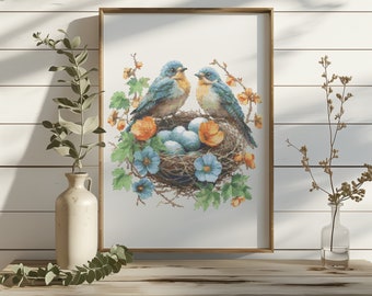 Cross Stitch Pattern Pdf Birds In Nest, Spring Cross Stitch Design, Counted, Floral Embroidery File, Cross Stitch Art, Gift For Grandma