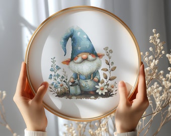 Kruissteekpatroon met kabouter, geteld, lenteborduurontwerp, tuinkruissteektabel met blauwe bloemen, eenvoudige kruissteekvoorbeeld