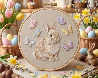 Paasborduurpatroon pdf met konijntje, vlinders, lentehandborduursjabloon met konijn, doe-het-zelfcadeaus, cadeau voor oma