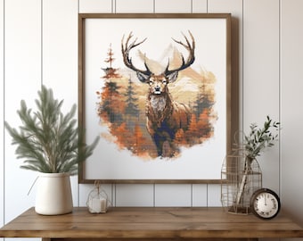 Fall Cross Stitch Pattern With Reindeer, Landscape Cross Stitch Designs, Wild Nature Embroidery Pattern, Counted, Fathers Day Gift For Him