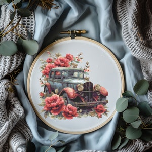 Patrón de punto de cruz con coche retro, patrón de bordado vintage contado, gráfico de punto de cruz de flores de acuarela, punto de cruz del día de la madre en pdf